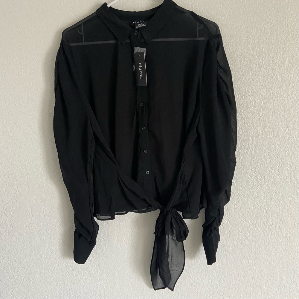 NWT City Chic Black Button Down Blouse Tie Front Rushed Sleeves Size M/18